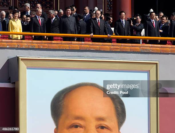 South Korean President Park Geun Hye, Russian President Vladimir Putin, Chinese President Xi Jinping, former Chinese President Jian Zemin, former...