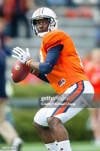 Quarterback Jonathan Wallace of the Auburn Tigers prepares to throw a pass during Auburn's A-Day game on April 19, 2014 at Jordan-Hare Stadium in...