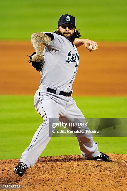 Pitcher Joe Beimel of the Seattle Mariners pitches during a game against the Miami Marlins at Marlins Park on April 18, 2014 in Miami, Florida.