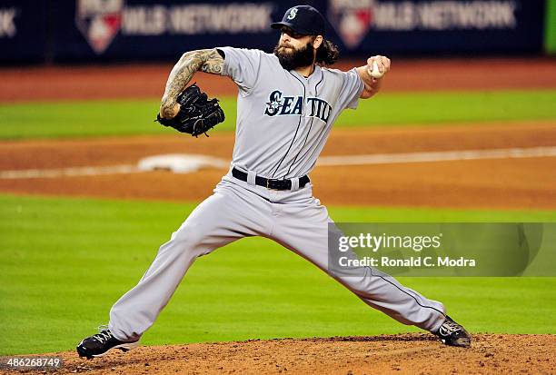 Pitcher Joe Beimel of the Seattle Mariners pitches during a game against the Miami Marlins at Marlins Park on April 18, 2014 in Miami, Florida.