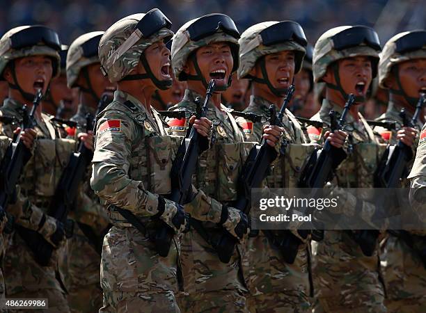 Chinese troops march during a military parade marking the 70th Anniversary of the 'Victory of Chinese People's Resistance against Japanese Aggression...