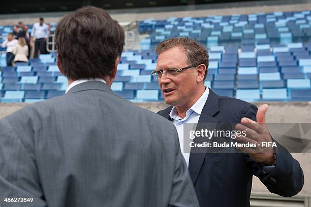 Secretary General Jerome Valcke , and Brazilian Deputy Sports Minister Luis Fernandes take a tour of the Arena Pantanal during the 2014 FIFA World...