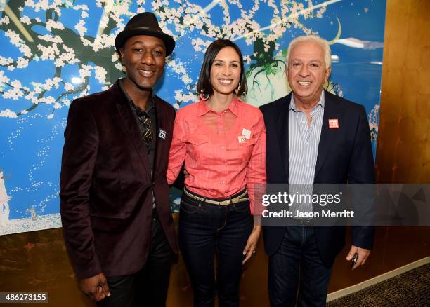 Recording artists Aloe Blacc and Maya Jupiter and co-founder of Guess? Inc. Paul Marciano attend the GUESS and Peace Over Violence celebration of the...