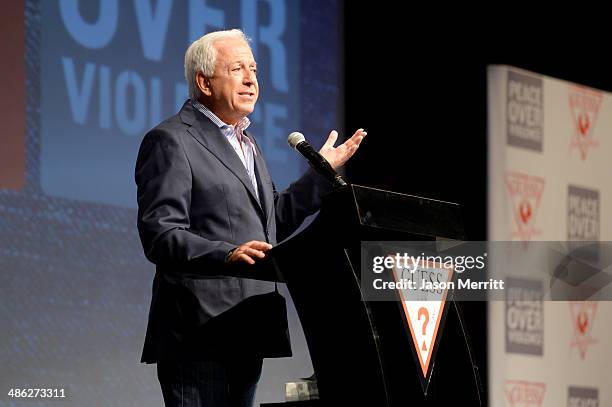 Co-founder of Guess? Inc. Paul Marciano speaks onstage at the GUESS and Peace Over Violence celebration of the 15th anniversary of Denim Day at...