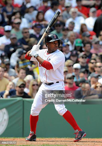 Jonathan Herrera of the Boston Red Sox pinch hits in the eighth inning against the Baltimore Orioles at Fenway Park April 21, 2014 in Boston,...