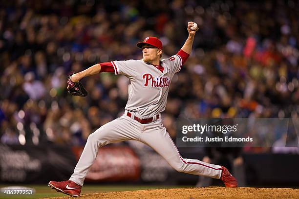 Relief pitcher Jacob Diekman of the Philadelphia Phillies in action during the game against the Colorado Rockies at Coors Field on April 19, 2014 in...