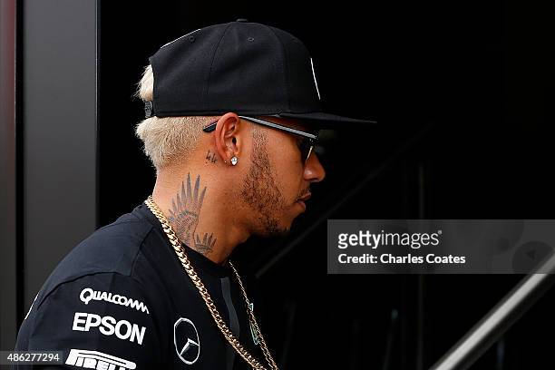 Lewis Hamilton of Great Britain and Mercedes GP arrives in the paddock during previews to the Formula One Grand Prix of Italy at Autodromo di Monza...