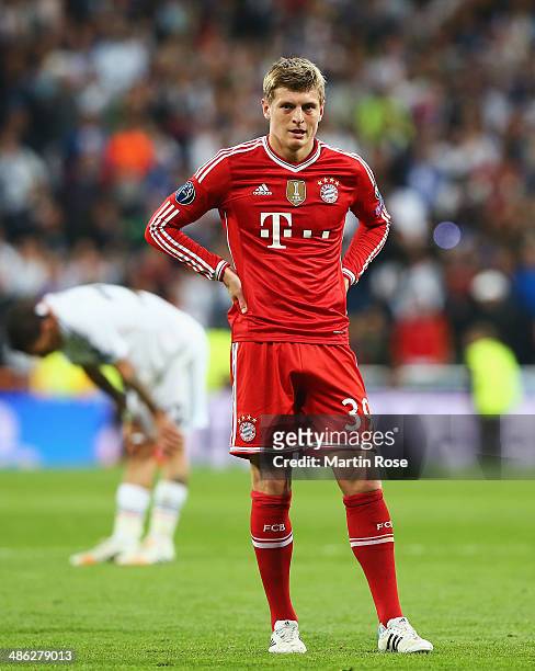 Toni Kroos of Bayern Muenchen looks dejected after the UEFA Champions League semi-final first leg match between Real Madrid and FC Bayern Muenchen at...