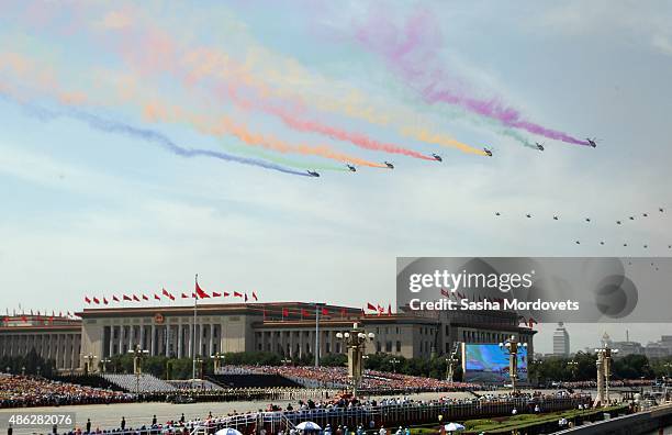 Chinese military helicopters and planes fly past the Tiananmen Gate during a military parade to mark the 70th anniversary of the end of World War Two...