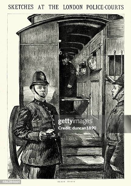 sketches at the london police courts - black maria 1887 - 19th century prisoner stock illustrations