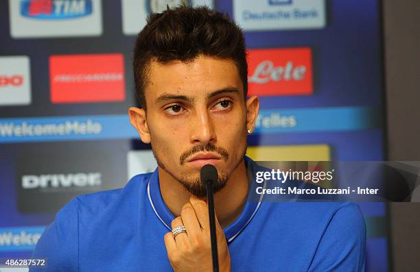 Alex Telles new signing for FC Internazionale Milano speaks to the media during a press conference at the club's training ground on September 3, 2015...