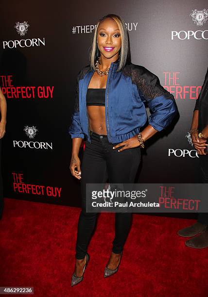 Olympic Athlete Carmelita Jeter attends the premiere of "The Perfect Guy" at The WGA Theater on September 2, 2015 in Beverly Hills, California.