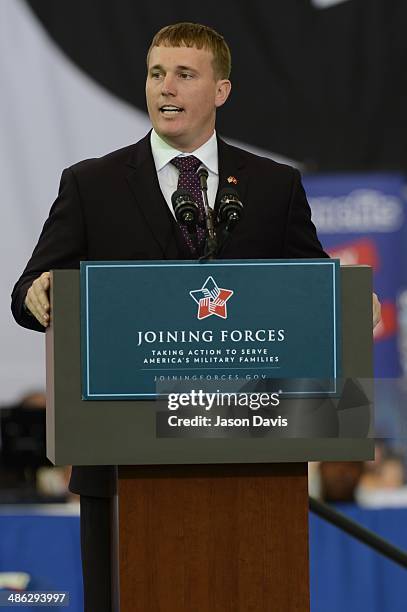 Medal of Honor Recipient, Sergeant Dakota Meyer attends the Fort Campbell Veterans Jobs Summit and Career Forum at Fort Campbell on April 23, 2014 in...