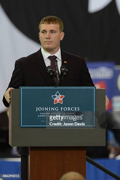 Medal of Honor Recipient, Sergeant Dakota Meyer attends the Fort Campbell Veterans Jobs Summit and Career Forum at Fort Campbell on April 23, 2014 in...