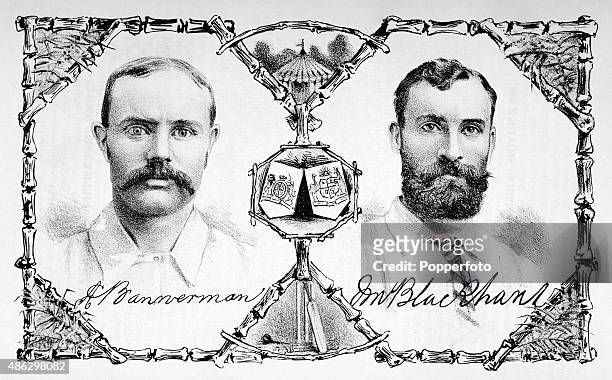 Vintage illustration, featuring Australian cricketers Alexander Bannerman and John McCarthy Blackham, from the contemporary journal Sporting Mirror...