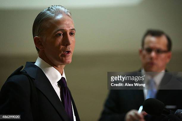 Committee chairman Rep. Trey Gowdy speaks to members of the media prior to a closed-door deposition before the House Select Committee on Benghazi...