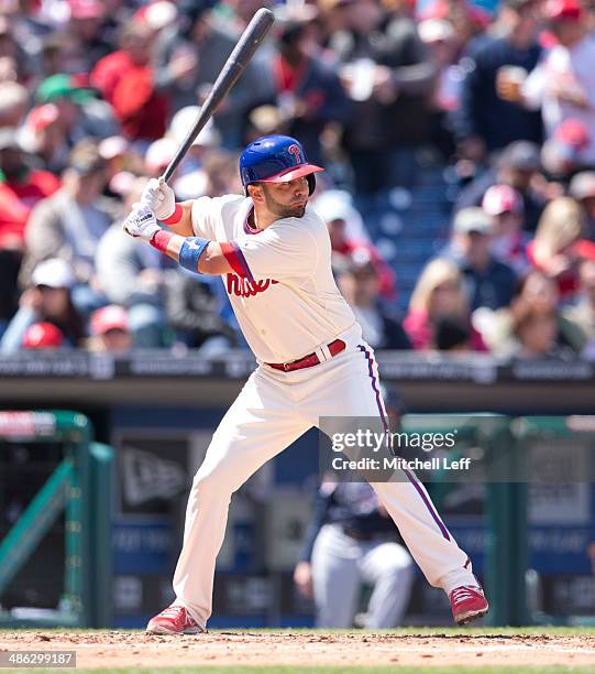 Catcher Wil Nieves of the Philadelphia Phillies stands in the batters box against the Atlanta Braves on April 17, 2014 at Citizens Bank Park in...