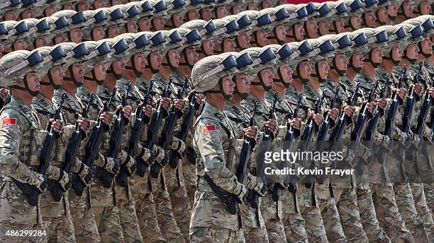 Chinese soldiers march in formation passed Tiananmen Square and the Forbidden City during a military parade on September 3, 2015 in Beijing, China....