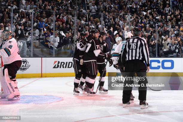 The Los Angeles Kings celebrate a goal against the San Jose Sharks in Game Three of the First Round of the 2014 Stanley Cup Playoffs at Staples...