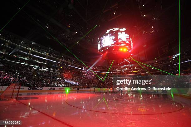 Laser lights are emitted across the arena during an intermission of Game Three of the First Round of the 2014 Stanley Cup Playoffs between the San...
