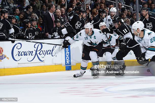 Joe Thornton of the San Jose Sharks skates against the Los Angeles Kings in Game Three of the First Round of the 2014 Stanley Cup Playoffs at Staples...