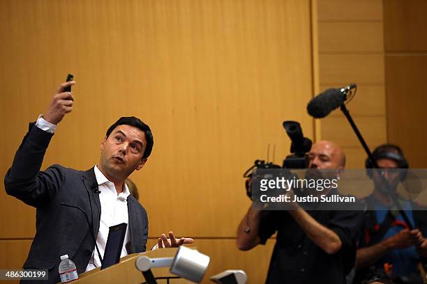 Economist and author Thomas Piketty speaks to the Department of Economics at the University of California, Berkeley on April 23, 2014 in Berkeley,...