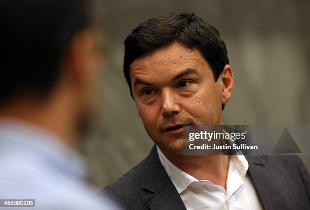 Economist and author Thomas Piketty prepares to speak to the Department of Economics at the University of California, Berkeley on April 23, 2014 in...