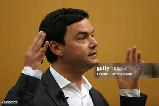 Economist and author Thomas Piketty speaks to the Department of Economics at the University of California, Berkeley on April 23, 2014 in Berkeley,...