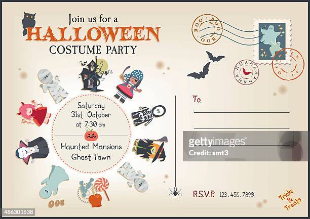 ilustraciones, imágenes clip art, dibujos animados e iconos de stock de después de la tarjeta de invitación estilo disfraz de halloween - halloween party