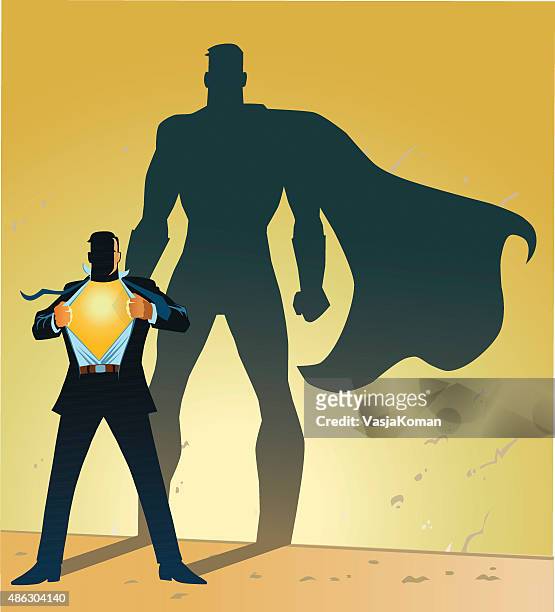 businessman in action with superhero shadow on the wall - superman reveal stock illustrations