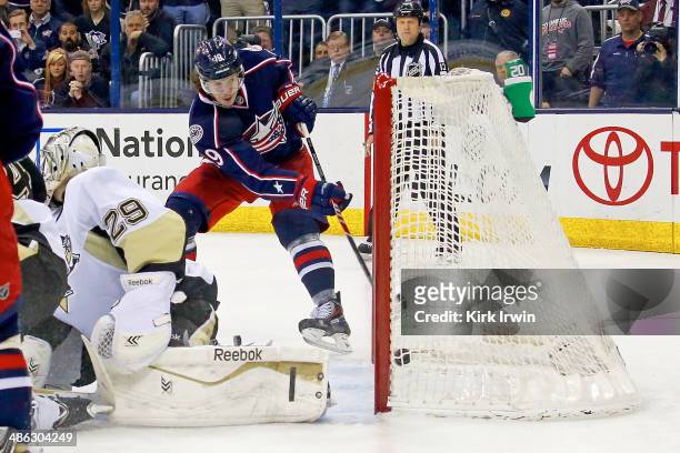 Ryan Johansen of the Columbus Blue Jackets beats Marc-Andre Fleury of the Pittsburgh Penguins for a goal during the second period in Game Four of the...