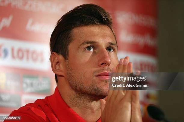 Grzegorz Krychowiak attends a Poland press conference at Kempinski Hotel Frankfurt on September 3, 2015 in Neu-Isenburg, Germany.