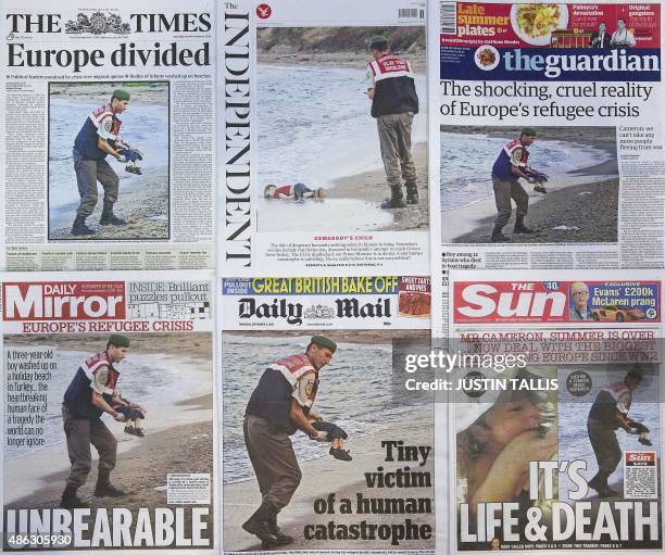 The front pages of some of Britain's daily newspapers showing an image of the body of Syrian three-year-old boy Aylan are pictured in London, on...