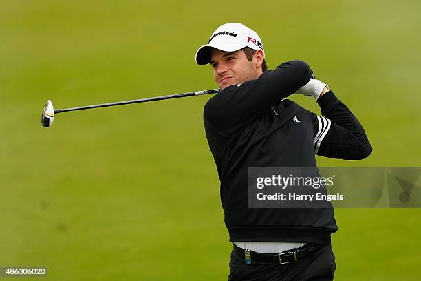 Sam Hutsby of England plays his second shot on the fifth hole on day one of the M2M Russian Open at Skolkovo Golf Club on September 3, 2015 in...