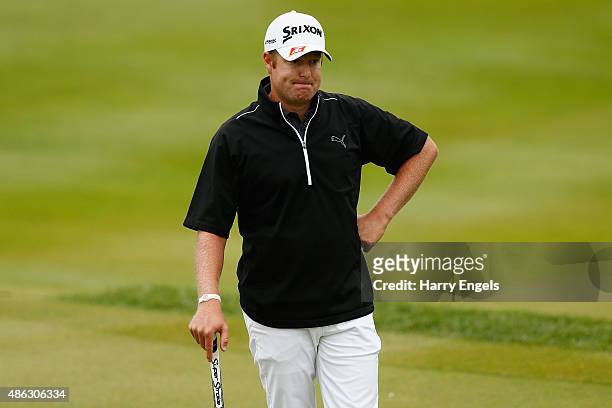 Jacques Blaauw of South Africa reacts after putting on the eighth hole on day one of the M2M Russian Open at Skolkovo Golf Club on September 3, 2015...
