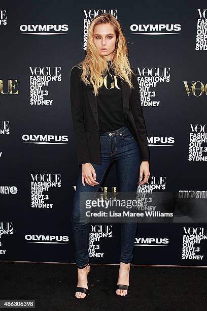 Bridget Malcolm arrives at Vogue Fashion's Night Out on September 3, 2015 in Sydney, Australia.