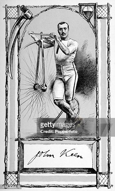 Vintage illustration, featuring professional cyclist John Keen, from the contemporary journal Sporting Mirror published in London, circa 1884. Keen...