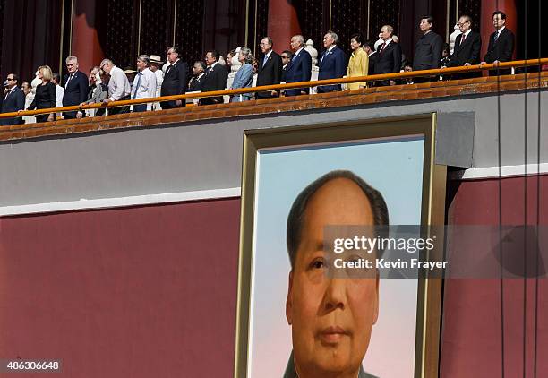 Chinese presidetn Xi Jinping ,third from right, and Russian president Vladimir Putin, fourth from right, during a military parade on September 3,...