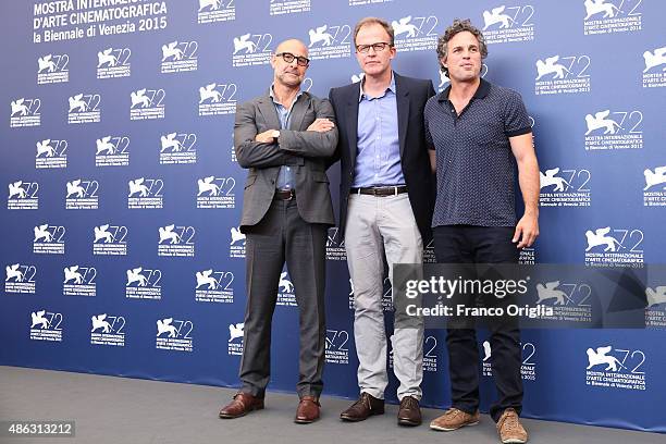 Stanley Tucci, Thomas McCarthy and Mark Ruffalo attend a photocall for 'Spotlight' during the 72nd Venice Film Festival at Palazzo del Casino on...