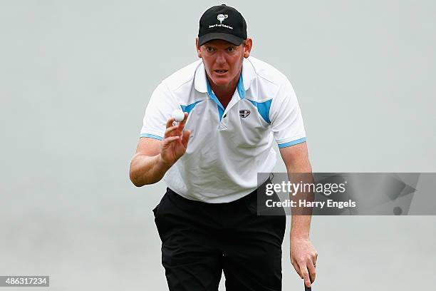 Daniel Gaunt of Australia acknowledges the crowd after finishing his round on day one of the M2M Russian Open at Skolkovo Golf Club on September 3,...