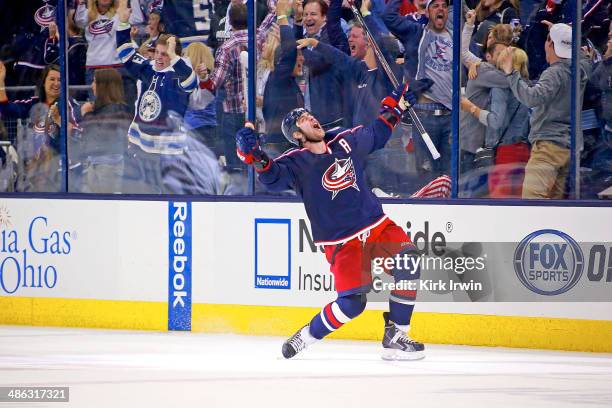 Brandon Dubinsky of the Columbus Blue Jackets celebrates after scoring the game tying goal during the third period against the Pittsburgh Penguins in...