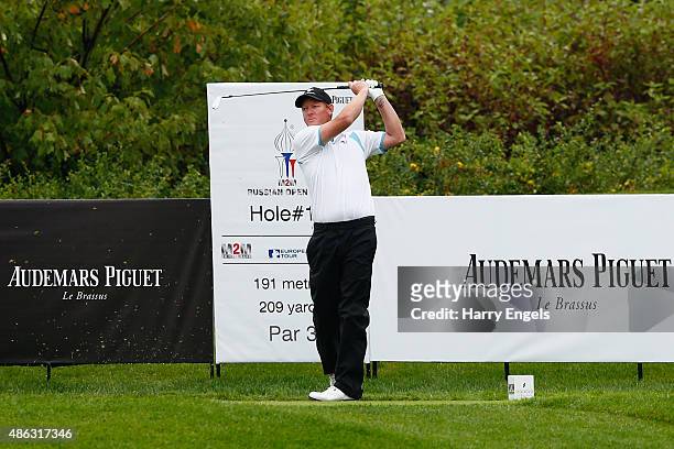 Daniel Gaunt of Australia tees off on the seventeenth hole on day one of the M2M Russian Open at Skolkovo Golf Club on September 3, 2015 in Moscow,...