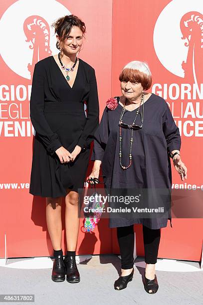 Directors Alice Rohrwacher and Agnes Varda attend a photocall for 'Women's Tales' during the 72nd Venice Film Festival on September 3, 2015 in...