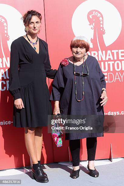 Directors Alice Rohrwacher and Agnes Varda attend a photocall for 'Women's Tales' during the 72nd Venice Film Festival on September 3, 2015 in...