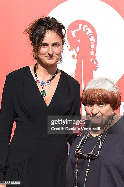 Directors Alice Rohrwacher and Agnes Varda attend a photocall for 'Women's Tales' during the 72nd Venice Film Festival on September 3, 2015 in...