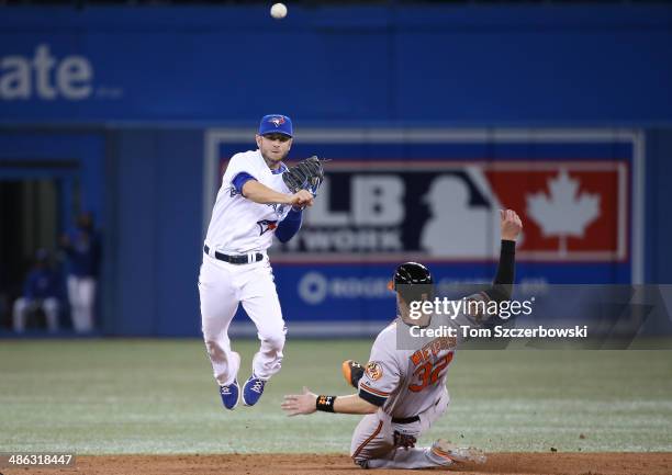 Jonathan Diaz of the Toronto Blue Jays turns a double play in the ninth inning during MLB game action as Matt Wieters of the Baltimore Orioles slides...