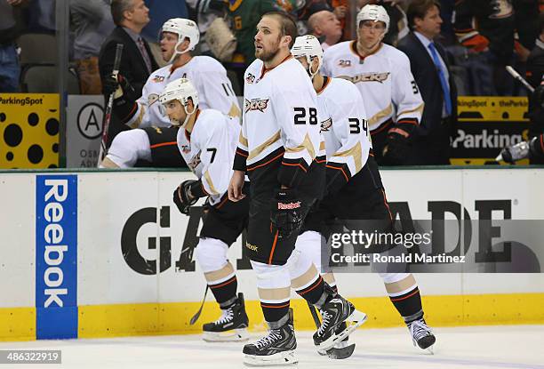 Mark Fistric of the Anaheim Ducks skates off the ice after a 4-2 loss against the Dallas Stars during Game Four of the First Round of the 2014 NHL...