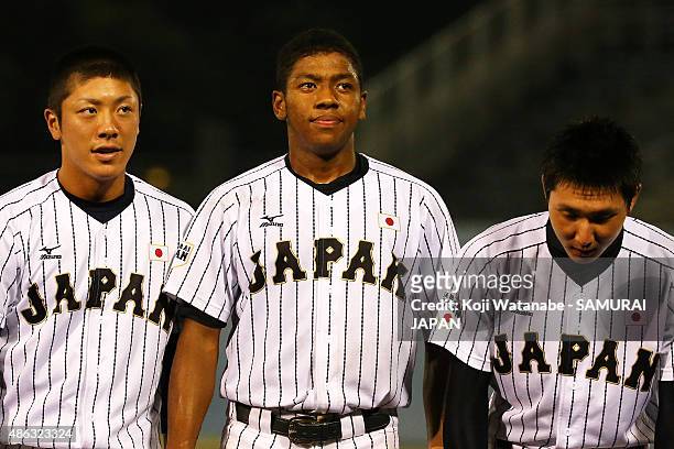Outfielder Louis Okoye of Japan Celebrates after winning in the super round game between Japan v Canada during the 2015 WBSC U-18 Baseball World Cup...