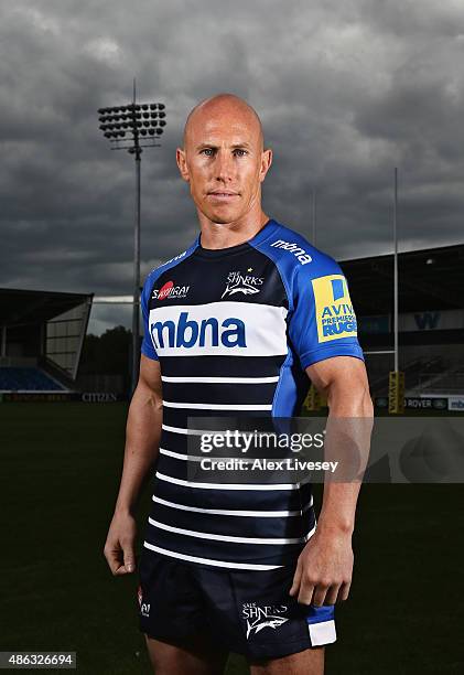 Peter Stringer of Sale poses for a portrait at the photocall held at the AJ Bell Stadium on September 3, 2015 in Salford, England.