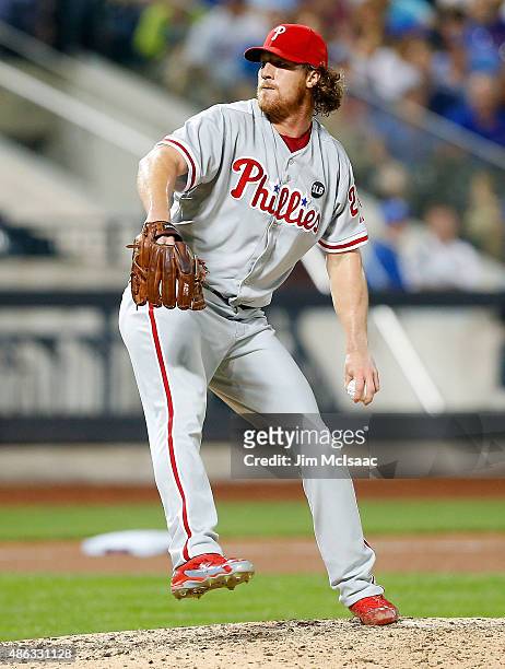 Adam Loewen of the Philadelphia Phillies in action against the New York Mets at Citi Field on September 2, 2015 in the Flushing neighborhood of the...